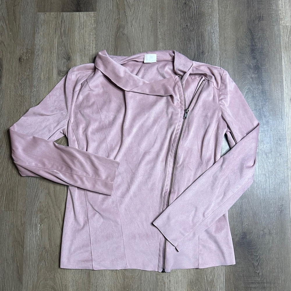 Mote Faux Suede Moto Jacket Drape Front Zip Up Soft Pink Medium‎ - Picture 2 of 10